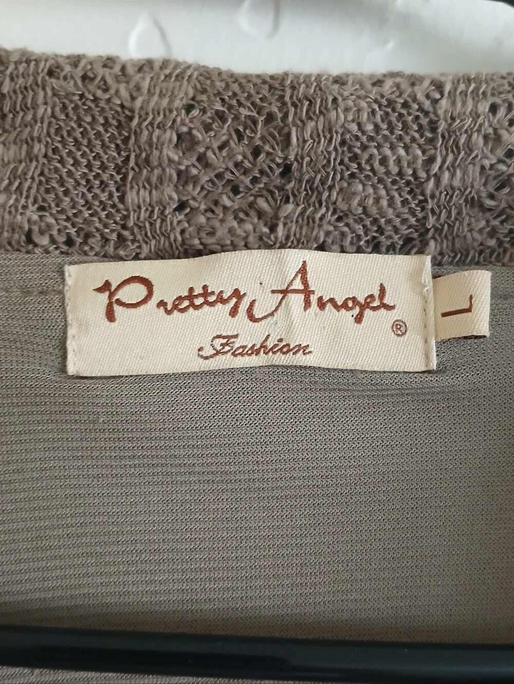 PRETTY ANGEL Mixed Media Goblincore Bell Sleeve Top Women's L Brown Crochet - Picture 3 of 8